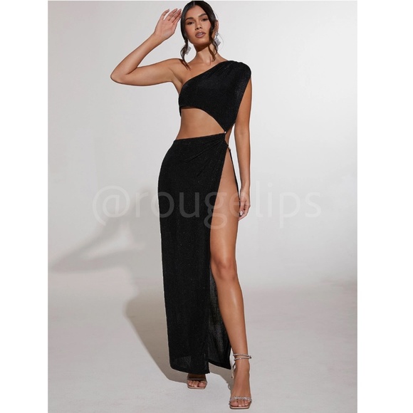 Black Cutout Asymmetrical Dress One Shoulder Open Side Gold Rope Detail - Picture 5 of 16